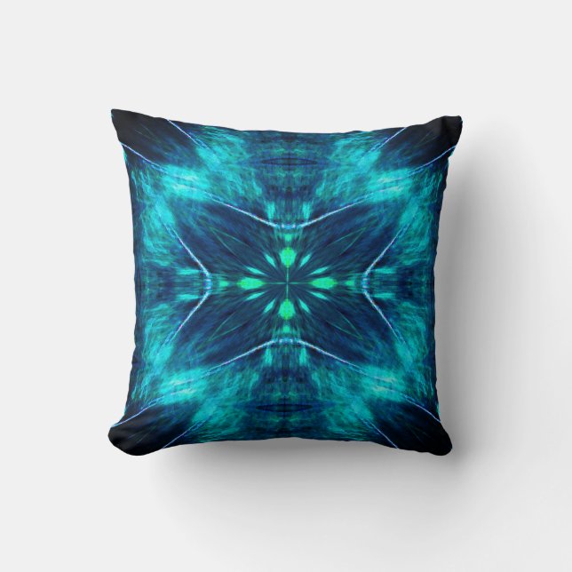 Abstract Bloom Aqua and Blue Fractal Design Throw Pillow (Front)