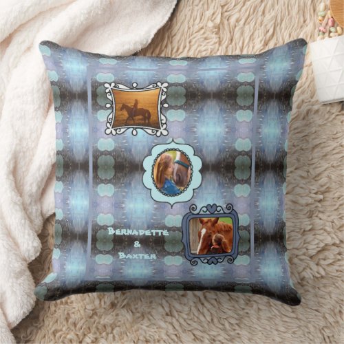 Abstract Blue 3 Photo Horse Pet Collage and Name Throw Pillow