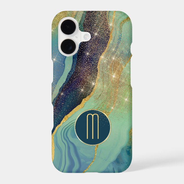 Abstract Blue Agate Gold Star Shine Monogram Case-Mate iPhone Case (Back)