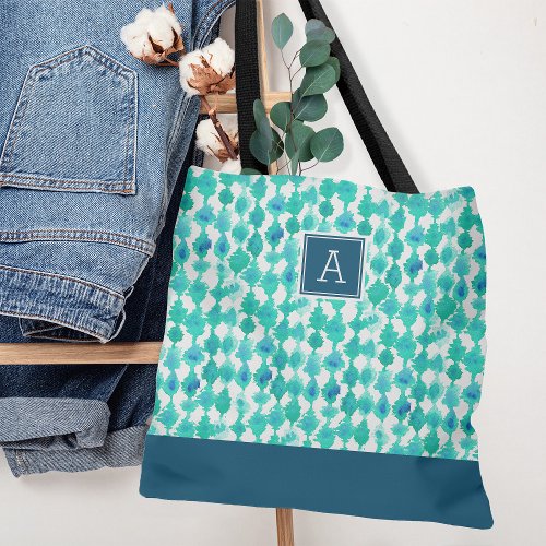 Abstract Blue and Aqua Watercolor Monogram Tote Bag