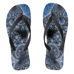 Abstract Blue and Black Intricate Fractal Flip Flops