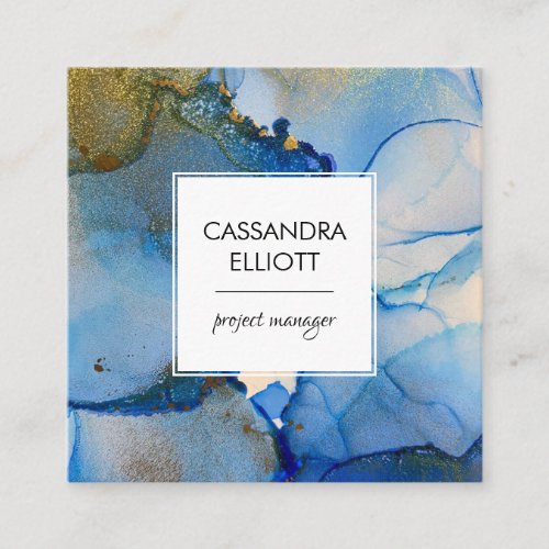 Abstract Blue and Gold Alcohol Ink Liquid Art Square Business Card