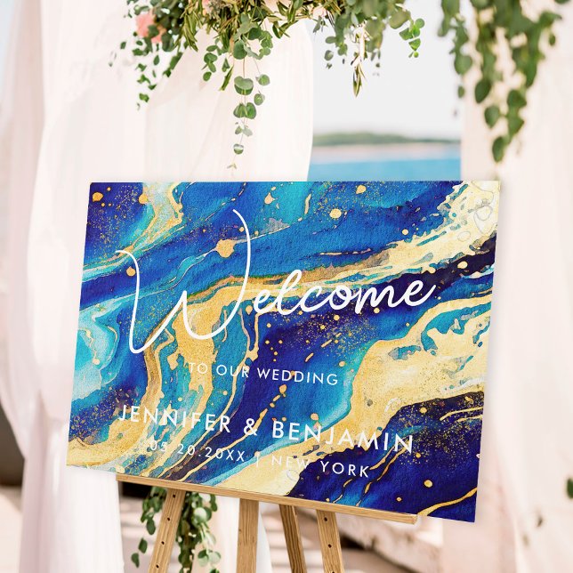 Abstract Blue and Gold Custom Wedding Welcome Acrylic Sign (Creator Uploaded)