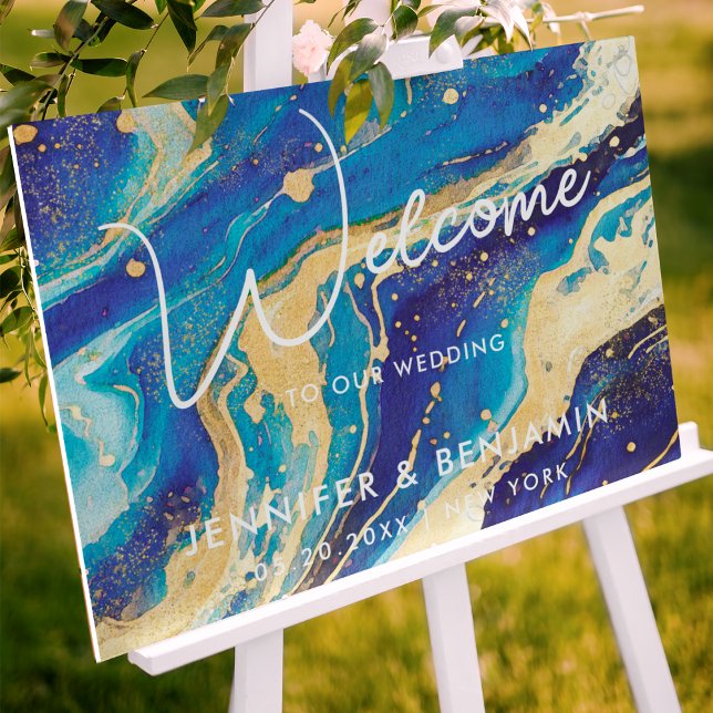 Abstract Blue and Gold Custom Wedding Welcome Sign (Creator Uploaded)
