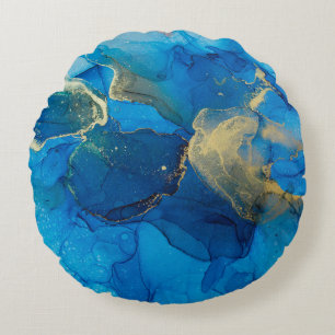 Abstract blue and gold fragment of colorful backgr round pillow