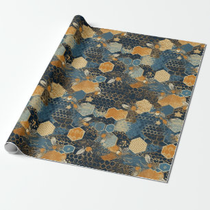 Abstract Blue And Gold Honeycomb Beehive Wrapping Paper
