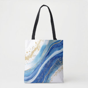 Abstract Blue and Gold Marble Pattern Tote Bag