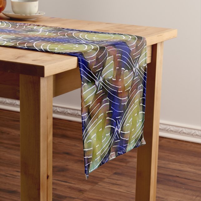 Abstract blue and gold wave geometric pattern 1299 short table runner (In Situ)