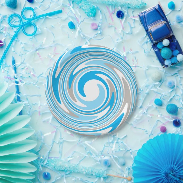 Abstract Blue and Gray Spiral Paper Plates (Party)