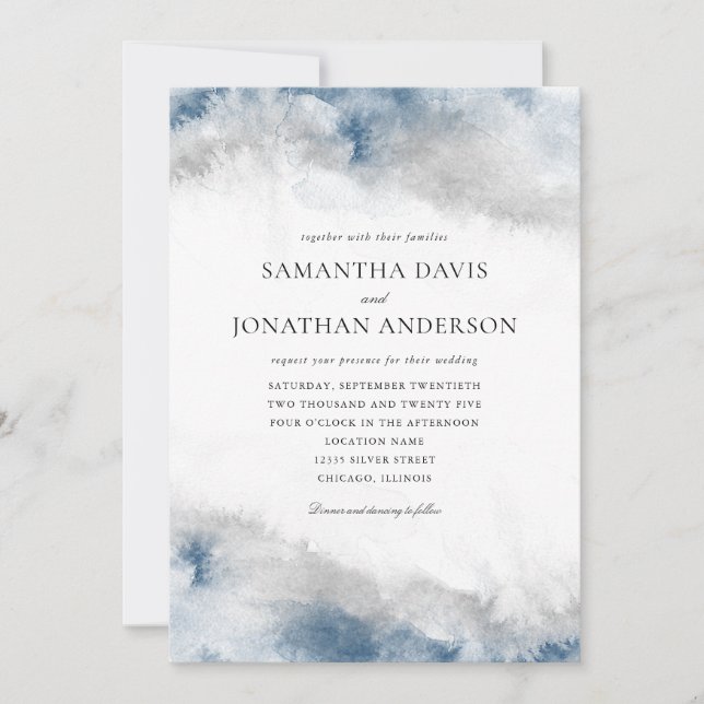 Abstract Blue and Gray Watercolor Wedding Invitation (Front)