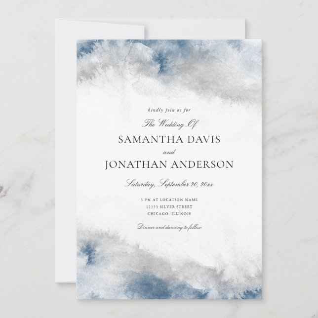 Abstract Blue and Gray Watercolor Winter Wedding Invitation (Front)