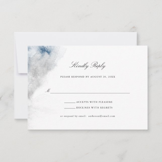 Abstract Blue and Gray Watercolor Winter Wedding RSVP Card (Front)