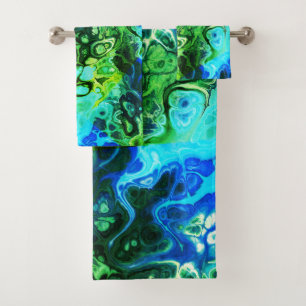 Abstract blue and green marble tie dye pattern bath towel set