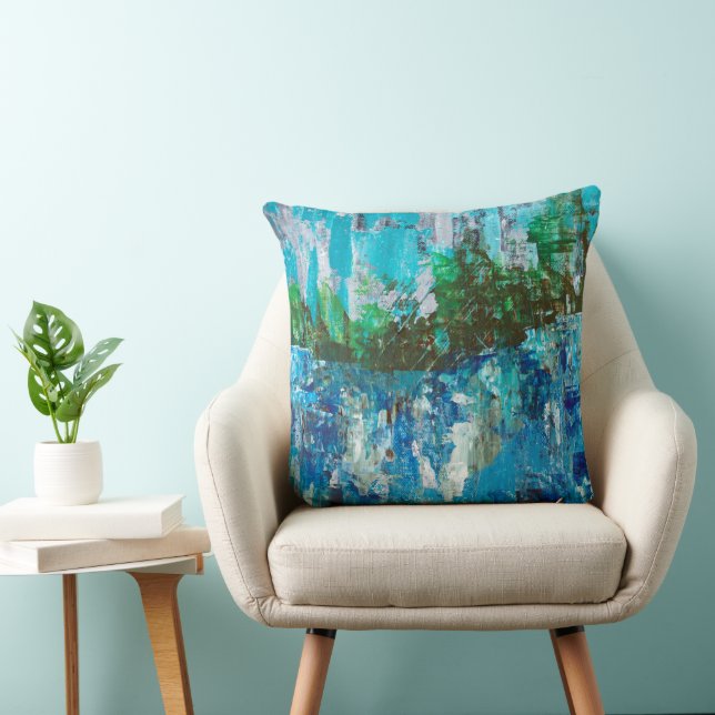 Abstract Blue and Green Textured Landscape Throw Pillow (Chair)