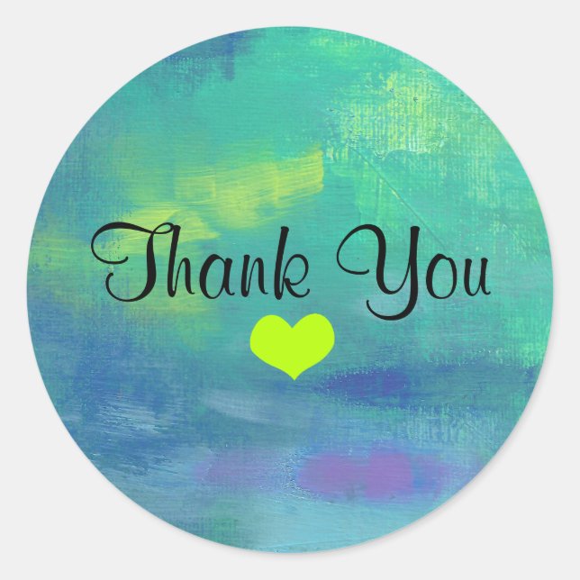 Abstract Blue and Green Thank You with Heart Classic Round Sticker (Front)