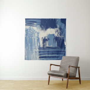 Abstract Blue and Ivory Mixed Media Tapestry