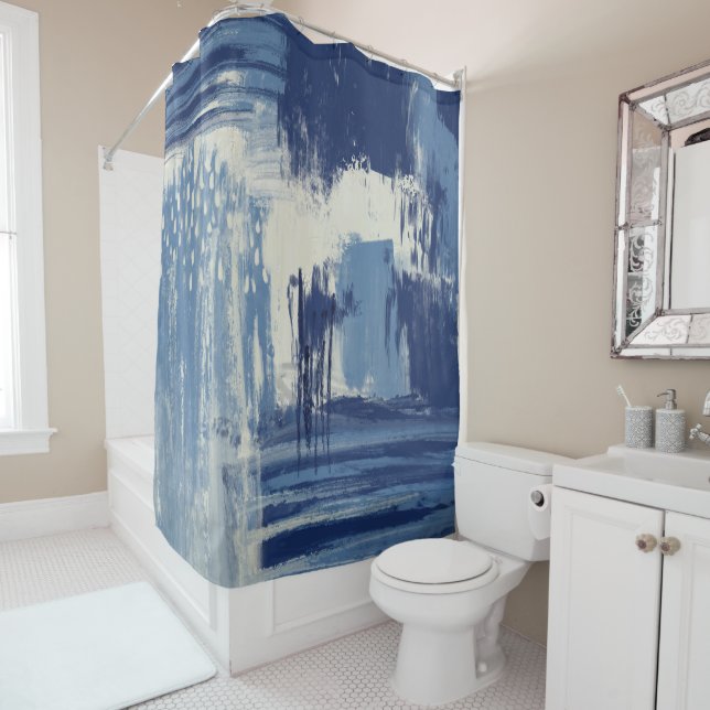Abstract Blue and Ivory Shower Curtain (In Situ)