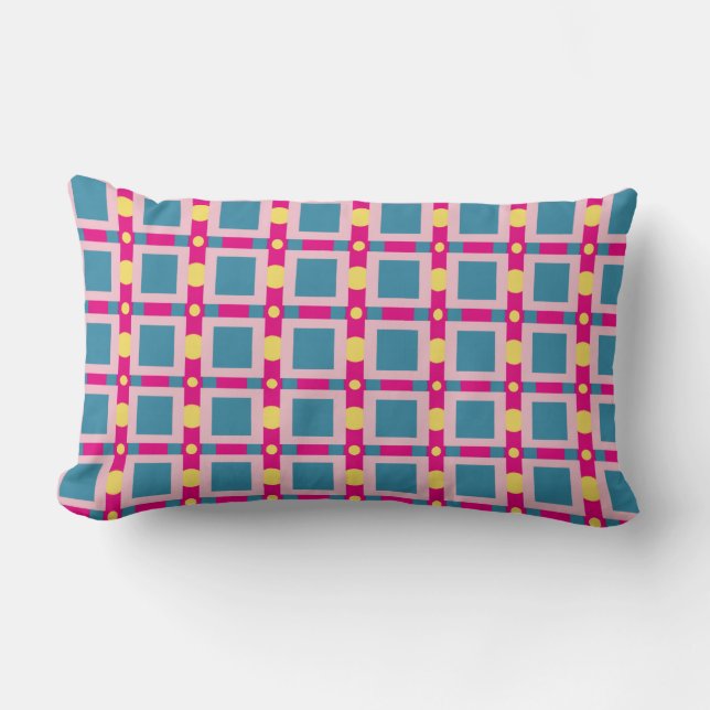 Abstract Blue and Pink Pattern Squares and Dots Lumbar Pillow (Front)