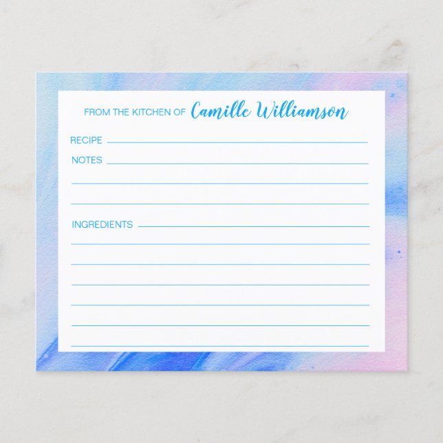 Abstract Blue and Pink Personalized Recipe Card (Front)