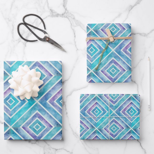 Abstract blue and purple geometric square tiles   wrapping paper sheets (Front)