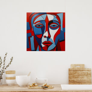 Abstract Blue and Red Face Art Poster
