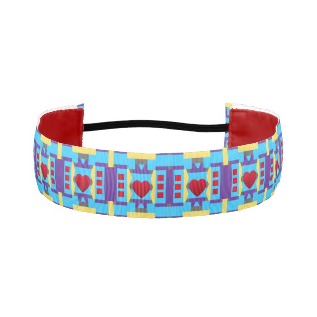 Abstract Blue and Red Pattern with Red Hearts Athletic Headband (Front)