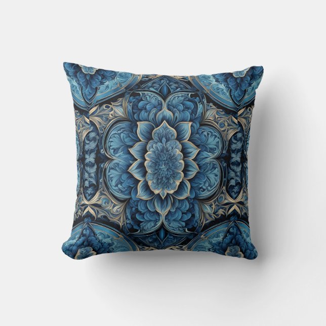 Abstract Blue and Silver Floral Throw Pillow (Front)