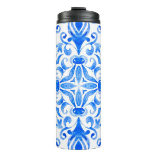 Abstract blue and white hand drawn tile seamless o thermal tumbler