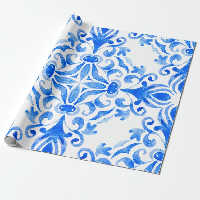 Abstract blue and white hand drawn tile seamless o wrapping paper (Unrolled)