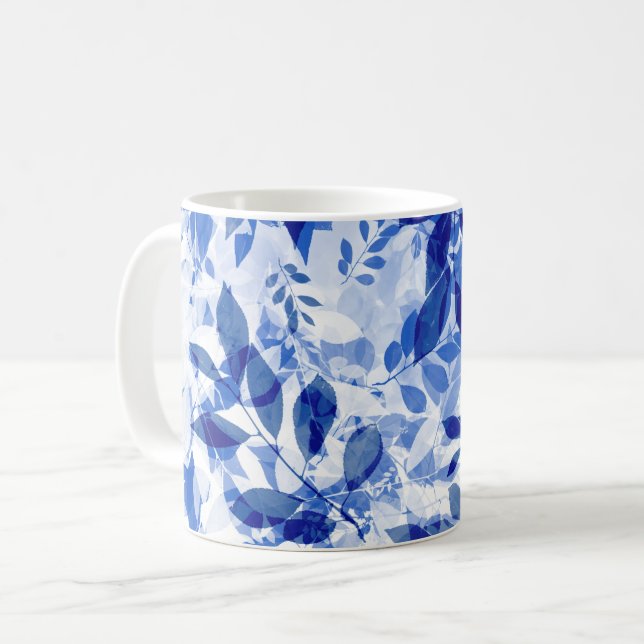 Abstract Blue and White Leaves Coffee Mug (Front Left)