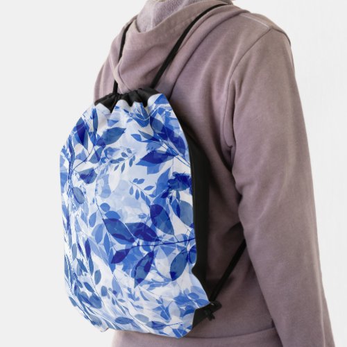 Abstract Blue and White Leaves Drawstring Bag