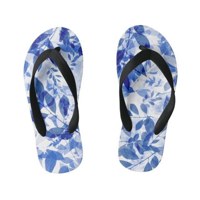 Abstract Blue and White Leaves Kid's Flip Flops (Footbed)