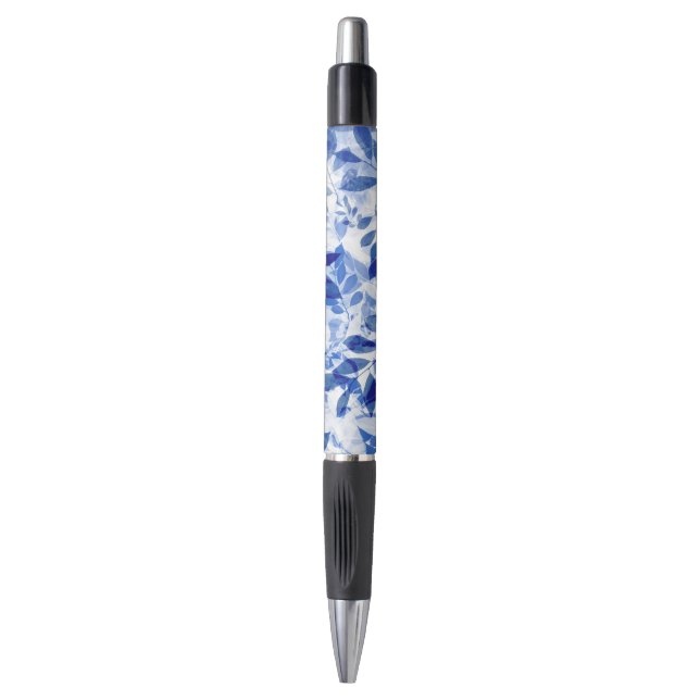 Abstract Blue and White Leaves Pen (Front Vertical)