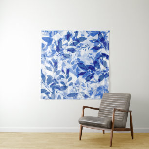 Abstract Blue and White Leaves Tapestry