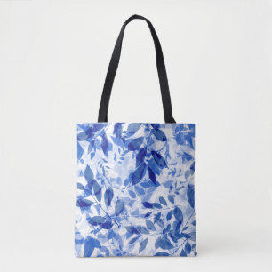 Abstract Blue and White Leaves Tote Bag
