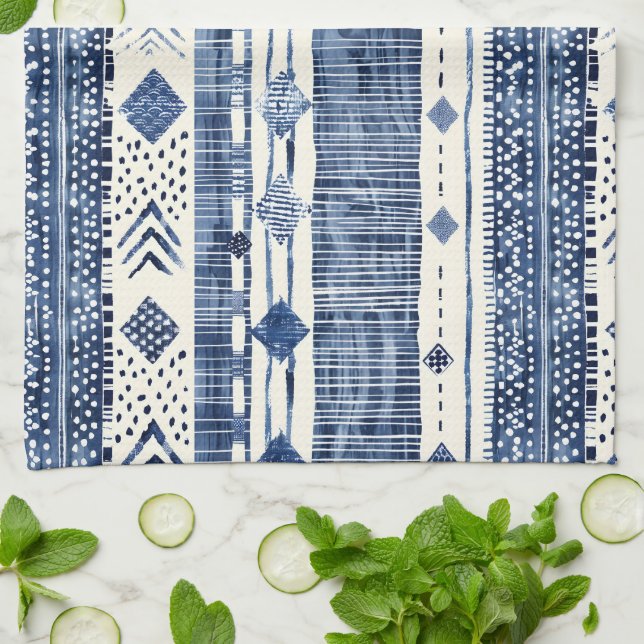 Abstract Blue And White Pattern Kitchen Towel (Folded)