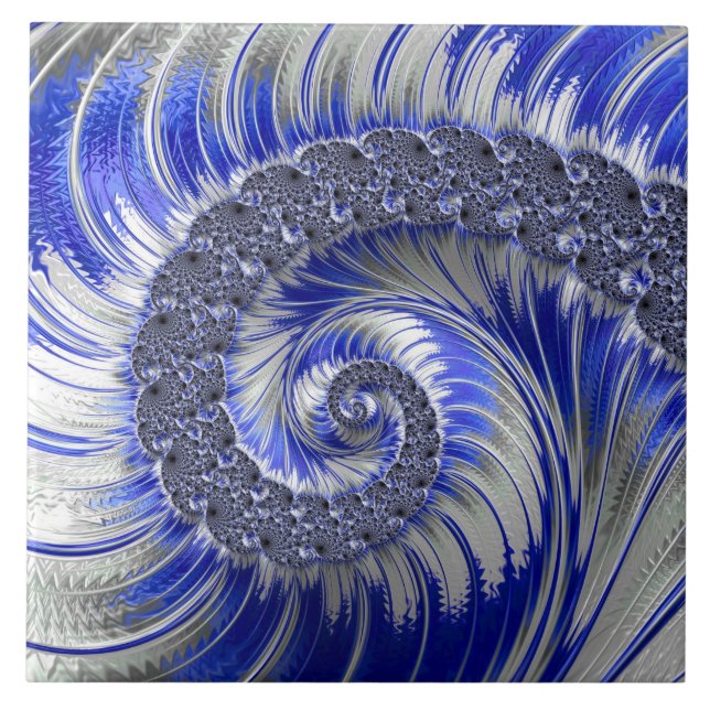 Abstract Blue and White Spiral Fractal Ceramic Tile (Front)