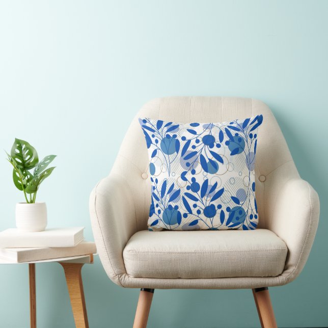 Abstract blue and white Tropical Floral Throw Pillow (Chair)