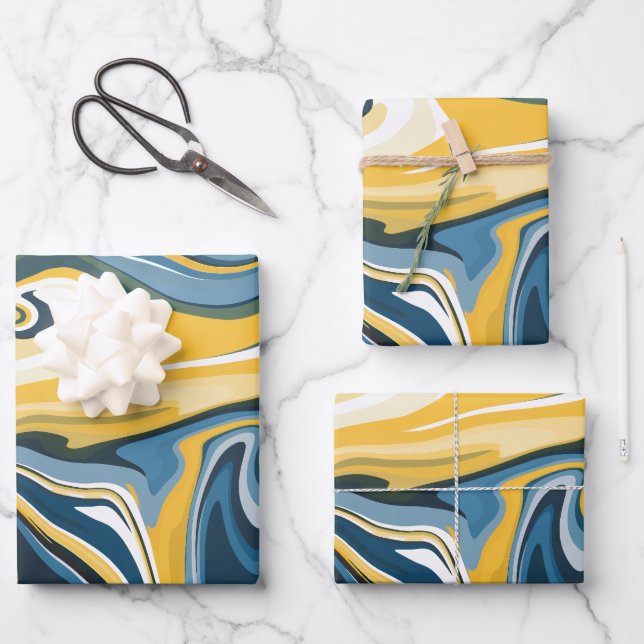 Abstract Blue and Yellow Flowing Pattern Wrapping Paper Sheets (Front)