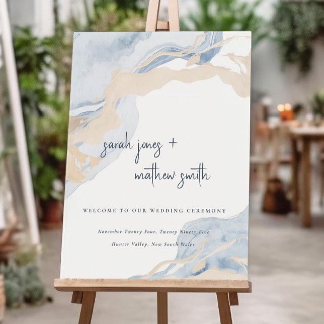 Abstract Blue Beige Costal Beach Wedding Welcome Foam Board (Creator Uploaded)