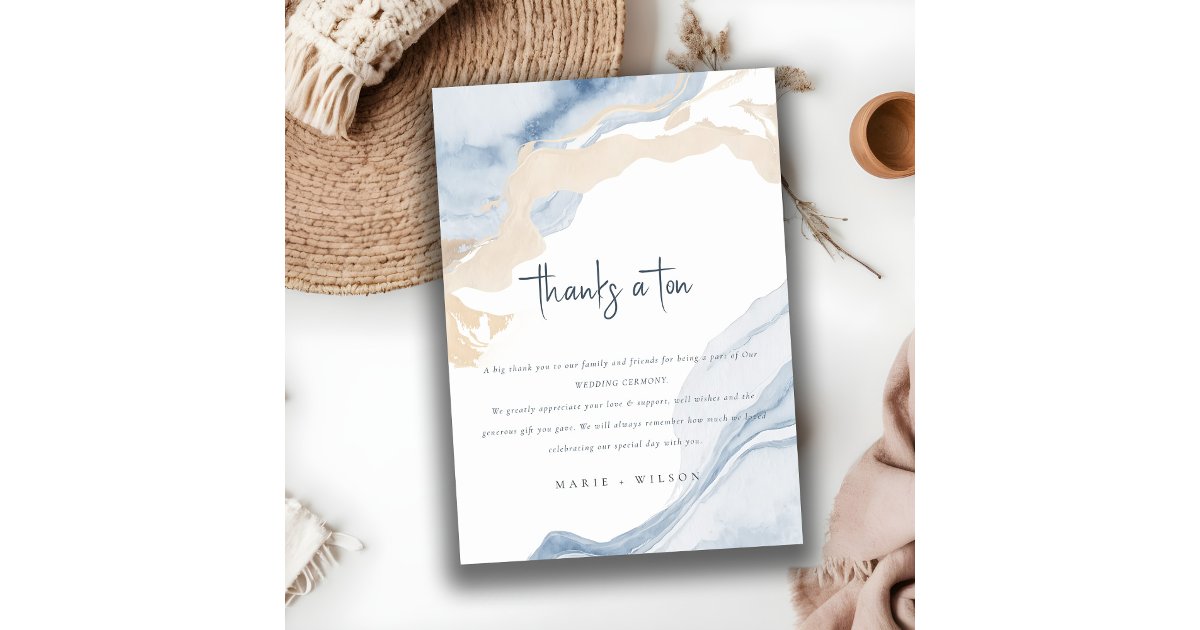 Abstract Blue Beige Sea Waves Sand Beach Wedding Thank You Card | Zazzle