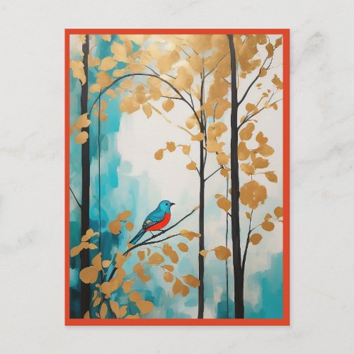 Abstract Blue Bird In Autumn Golden Leaves Forest Postcard