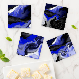 Abstract Blue & Black Marble Effect Coaster Set