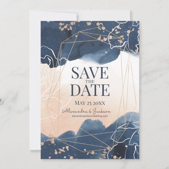 Abstract Blue Blush Gold Watercolor Luxury Save The Date (Front)