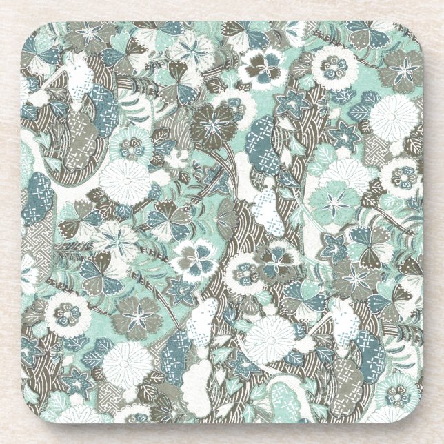 Abstract Blue Brown Flowers Beverage Coaster (Front)