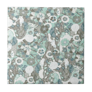 Abstract Blue Brown Flowers Ceramic Tile