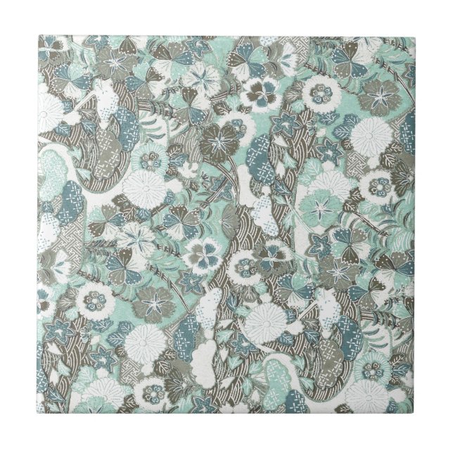 Abstract Blue Brown Flowers Ceramic Tile (Front)