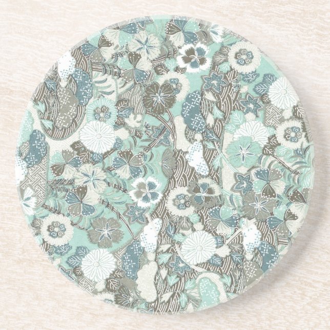 Abstract Blue Brown Flowers Coaster (Front)