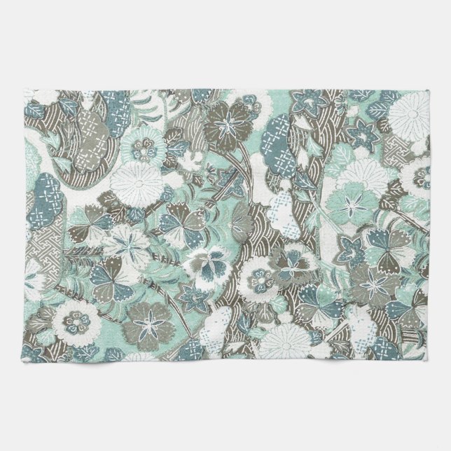 Abstract Blue Brown Flowers Kitchen Towel (Horizontal)