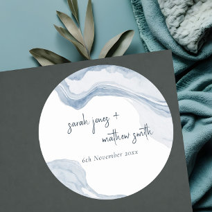 Abstract Blue Coastal Beach Watercolor Wedding Classic Round Sticker
